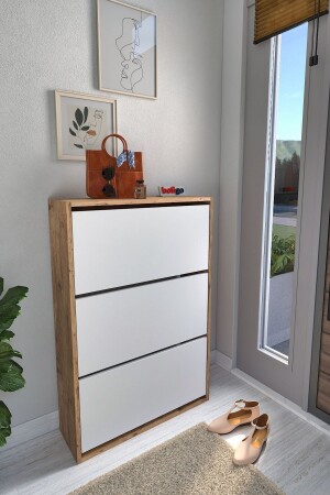 MNZ-Drop Door Shoe Rack ريك الأحذية مع رف متحرك 3 شقق ريك الأحذية الصنوبر الأبيض - Bofigo