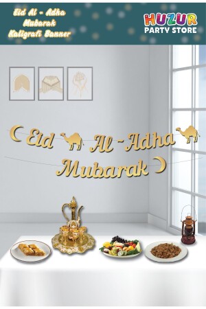 MNZ-Eid Al-Adha Mubarak خط خط خط خطية راية الذهب الذهبية اللون 230x20 سم عيد الأضحى الزينة معلقة - Huzur Party Store