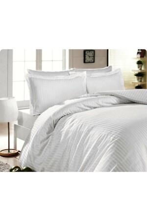 MNZ-Elegant Stripe Stripped Satin Double Duvet Cover Set أبيض 2211MT - MEŞELİ TEKSTİL