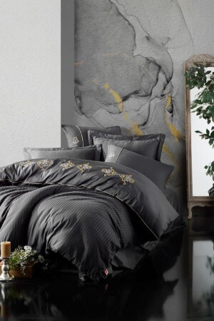 MNZ-Embroidery Satin Double Duvet Cover Set King Anthracite 8680108047446 - Cotton Box