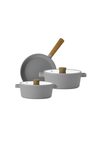 MNZ-Fika Gray 5 قطعة سيراميكية مغطاة بوعاء الحديد النقي مع غطاء الزجاج NEOGS5 - NEOFLAM