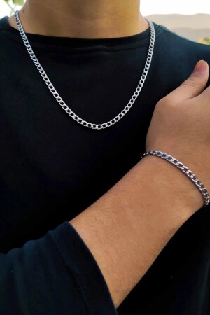 MNZ-Fine Gourmet الرجال سلسلة الصلب قلادة و سوار مجموعة 4mm Eck06t - Takı Dükkanı