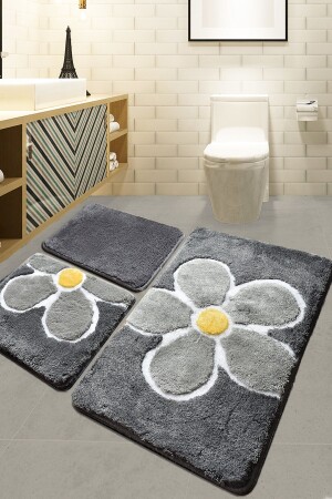 MNZ-Flower Gray 3 Piece Set Toilet Set - حمام المطبخ الموضة الموضة السجاد - Chilai Home