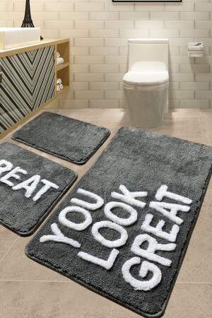 MNZ-Great Gray 3 Piece Set 60x100 سم 50x60 سم 40x60 سم حمام السجادة - رمادة الباب - Chilai Home