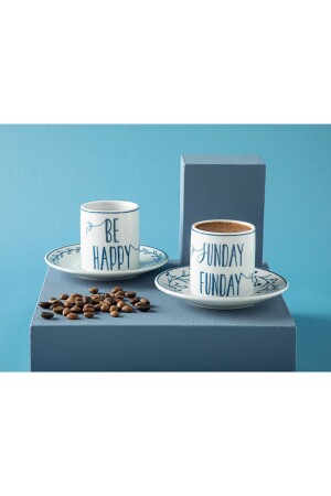 (MNZ-Happy Sunday) الفورسلين 4 قطع كوب قهوة مجموعة لشخصين 80 مل زرقاء داكن 10035822 - English Home