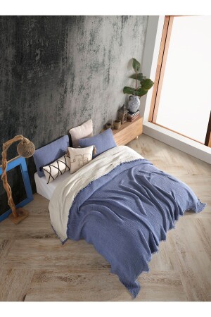 MNZ-Indigo 4 طبقة متعددة المسلين 100% القطن غطاء سرير مزدوج 200x240cm BMB - 7300 - destinyhometex