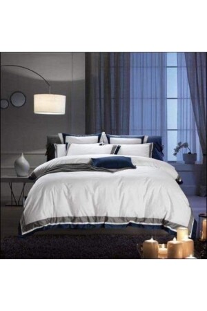 MNZ-King Size Gray White Navy Blue Stripe و زاوية القطن ساترين غطاء غطاء BATGBL - METİNEV