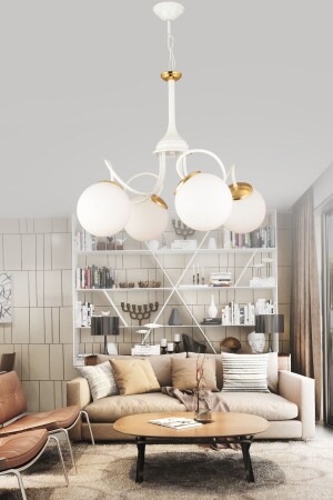 MNZ-Lightning White 4-piece White Globe Glass Downward Facing Modern Luxury Chandelier 1736 - KARDELEN AYDINLATMA AVİZE