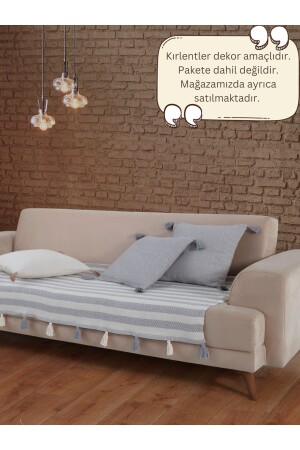 غطاء الأريكة من نوع MNZ-Liva Pompom Gray Sofa 115 x 200 سم غطاء الأريكة من نوع Divan Sofa Bed Armchair Cover Shawl with Tassels - Lux Touch