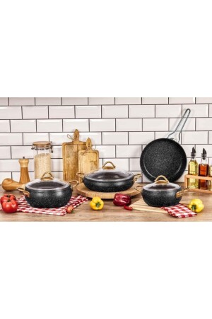 MNZ-Luna 4 قطع 7 قطع غرانيت طباخات مجموعة الأسود TAC-3596 - Taç