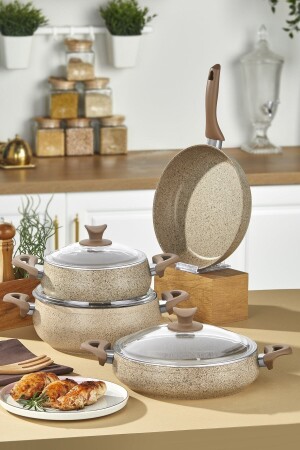 MNZ-Mastercook Tombik 7 قطعة غرانيت طباخات مجموعة الذهبية - Taç