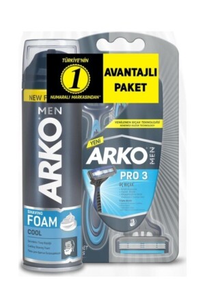 MNZ-Men T3 Pro 3-Blade Razor 3-Piece & Cool جراء الحلاقة الرغوة 200 مل حزمة مزايا - Arko