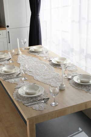 MNZ-Modern American Serving Plate Runner Set لـ 6 أشخاص - كريم - Çt Çeyizci Tekstil