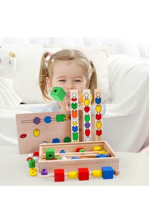 MNZ-Montessori تعليمي لعبة خط الخشب اللؤلؤ مطابقة والحبال على العصا لعبة مربعة Linupahsap - Circle Toys