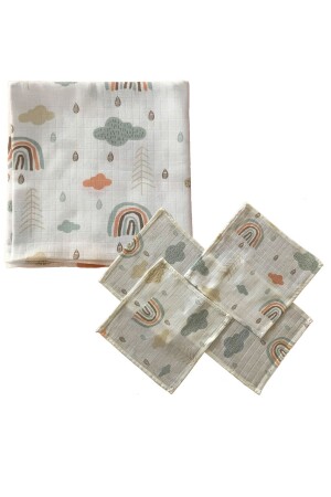 غطاء الطفل من طراز MNZ-Muslin و 4 منشفة مع صورة قوس قزح P000015446 - Mutlu Gün Marketi