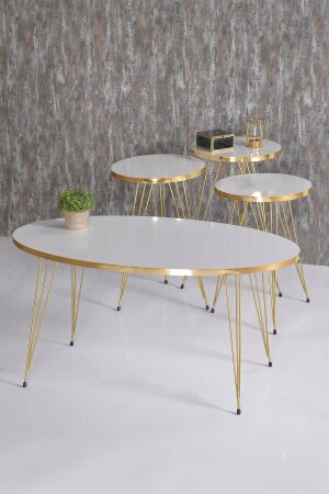 طاولة القهوة و طاولة القهوة من طراز MNZ-Nesting White Ellipse Set Wire Leg Gold FMA2600 - GOLDFALEZ