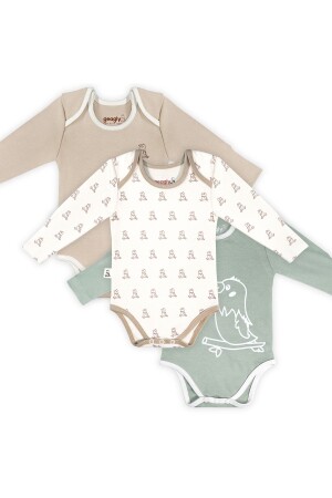 (MNZ-Organic Cotton Newborn & Baby 3-piece Long Sleeve Snap بدني ملابس غير جنسية ((BROWN & CREAM & GREEN) GBS221021 & - Geagly