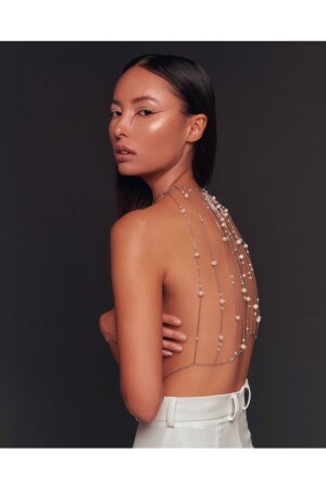 MNZ-Pearl Chain Bra Accessory Body Color Silver - مجوهرات المهرجان QLFSTVLINCI1 - Qielle
