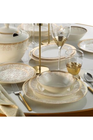 MNZ-Porcelain Bone Calypso 62 قطعة عشاء مجموعة ذهبية 1140421 BNKL62YT4301140421 - Kütahya Porselen