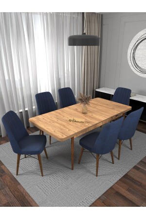 MNZ-Riff Atlantic 80x130 سم ميزة تناول الطعام لـ 6 أشخاص قابل للتوسيع ، مجموعة طاولة تناول الطعام - Navy Blue LYMKF002 - Kaffahome