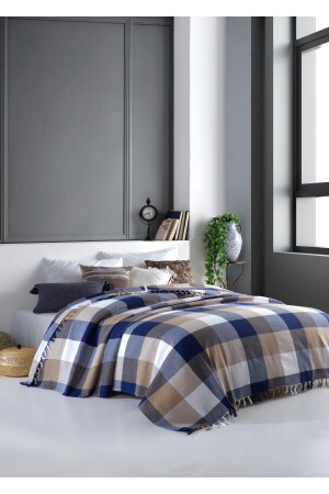 MNZ-Scotch زرقاء بيج مزدوجة غطاء الستائر 200 × 220 سم مقعد السرير الأريكة غطاء القماش النسيج - Lux Touch