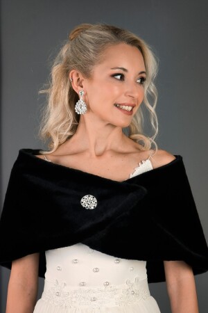 MNZ-Short Brooch Fur Scarf عروسية بوليرو سوداء 8003 - EDDA GELİN AKSESUARLARI