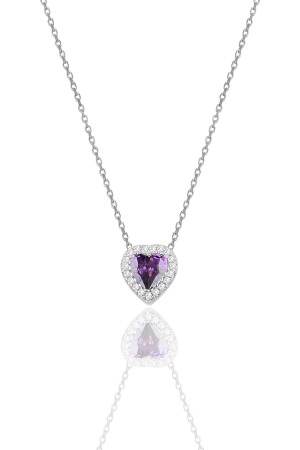 MNZ-Silver Rhodium and Amethyst Stone Diamond Model قلادة قلبية SGTL11806 - Söğütlü Silver