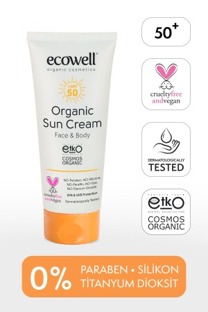 كريم الشمس MNZ-Sun SPF 50 ، منظمي ومستحضر معتمد ، مرشح معدني ، وجه وجسم ، Uva UVB Protection ، 110gr 8680624093408 - Ecowell