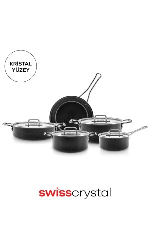 MNZ-Swiss Crystal Mastermaid 9 قطعة أدوات الطهي مجموعة سوداء لامعة - Karaca