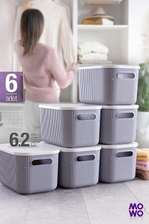 صندوق منظمة من طراز MNZ-Trove 6 Piece 6. 2 لتر (الرمادي) مع غطاء، صندوق تخزين تزيين MOWO-01-331-6 - Mowo Home