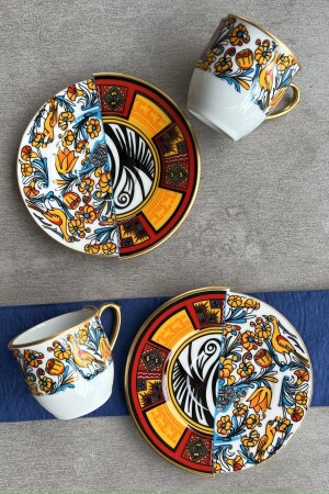MNZ-Two Patterned, Double Pattern Canga Series كوب قهوة مجموعة لـ 2 أشخاص مجموعة خدمة العرض PDCNG02KT00 - porselenden