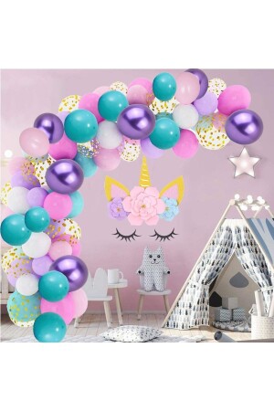 MNZ-Unicorn أو Mermaid Concept عيد ميلاد بالون سلسلة تزيين مجموعة مع الكونفيتي - Parti Dolabı