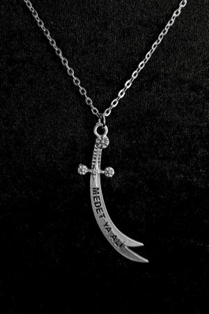 MNZ-Zulfiqar Hz.Ali's Sword Medet Ya Ali قديمة من الفضة المغطاة (سلاسل مسطحة 60 سم) عنق الرجال والنساء - Sadoz Aksesuar