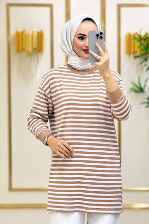 Moda Neva Kadın Ince Kumaş Bej Çizgili Tesettür Yazlık Tunik - Bold Grup