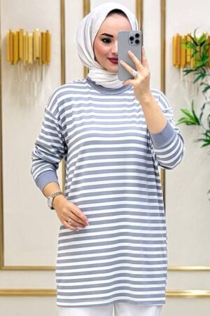 Moda Neva Kadın Ince Kumaş Gri Çizgili Tesettür Yazlık Tunik - Bold Grup