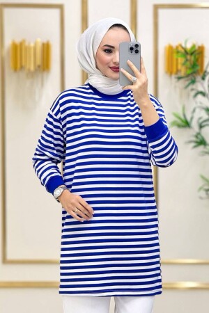 Moda Neva Kadın Ince Kumaş Saks Çizgili Tesettür Yazlık Tunik - Bold Grup
