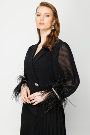 Modailgi Pleat Detailed Long Dress with Ribbed Cuffs Black - Moda İlgi