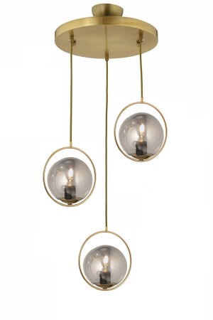 Modern Füme Glop Camlı Daire Model Üçlü Gold Sarkıt Avize LMBDR00403 - Lambadar