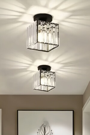 Modern Luxury Plafonyer Tavan Avize Hol Antre Siyah Kare Kristal Taşlı Avize - Luna Lighting