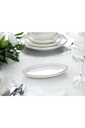 Modern Silver Silver Set of 2 20 Cm Cream Small Size Porcelain Boat Serving Plates - Porselenden