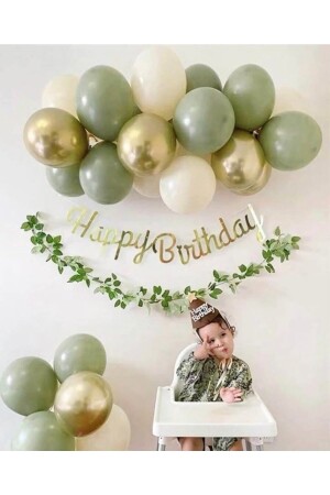 Mold Green Chrome Gold Sea Sand Balloon Gold Happy Birthday Calligraphy Banner Mini Chain Set - Deniz Party Store