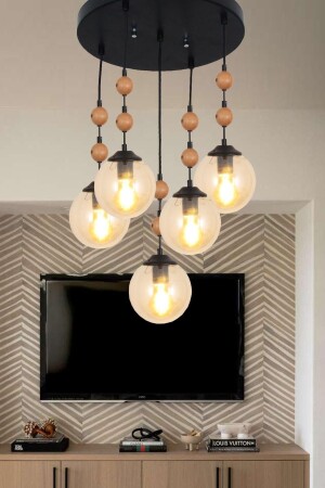 Moni 5-Piece Tray Black Honey Glass Beaded Children's Room Living Room Living Room Wooden Chandelier 01550 - Taşcan Aydınlatma
