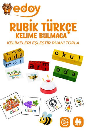 Montessori Eğitici Oyuncaklar - Türkçe Bulmaca Oyunu 16 Küp 40 Türkçe Kart Ve Zil Eğitici Oyuncak - Edoy