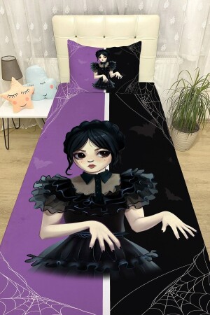 Mor Siyah Wednesday Addams Desenli Yatak Örtüsü Ve Yastık Kılıfı - Evpanya