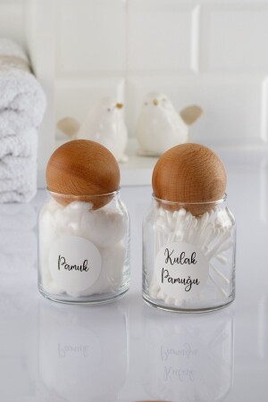 Moron 2-Piece 300 ml Glass Jar with Wooden Ball Lid Bathroom Organizer Set 7x13 Cm 1000296 - ANJEAHOME