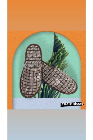 Motifed Men's House Slippers Embroidered Daily Closed Front Guest Slippers Winter Home Guest Slippers Brown - Yildiz Shoes