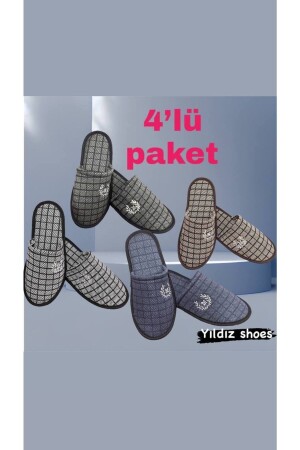 Motifli 4 Lü Erkek Ev Terliği Nakışlı Günlük Önü Kapalı Misafir Terliği Kışlık Ev Misafir Terliği - Yildiz Shoes