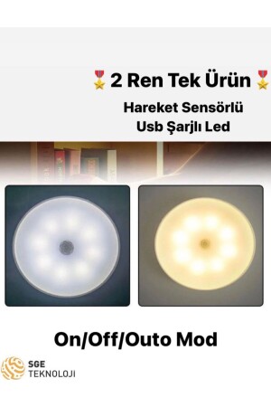Motion Sensor 16 LEDs Rechargeable 2 Colors White and Daylight Led Auto Mode Cabinet Interior - Corridor Type-c - Sge Teknoloji