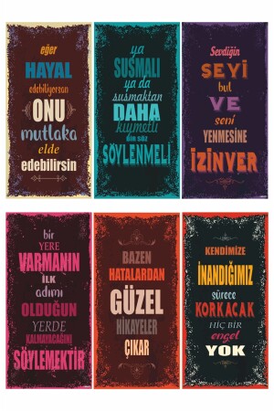 Motivasyon Eğlenceli Öğretici Duvar Yazıları-1- 6lı Mini Retro Ahşap Poster Seti - Hayat Poster