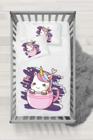 mstseri001 Ranforce Baby-Bettbezug-Set (Bettdecke + 2 Kissen) – Einhorn BBN09 - Genel Markalar